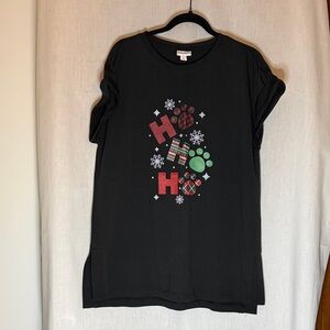 LuLaRoe Leah Black Holiday Tee with Red and Green Accents